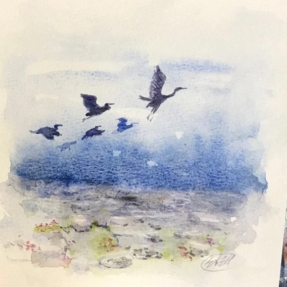 Original Watercolor Painting Blue heron art Birds Flight Home decor Artettina - Picture 3 of 7